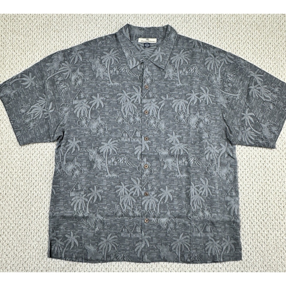 Tommy Bahama Shirt Mens XL Charcoal Gray Hawaiian Silk Button Up Floral  AOP